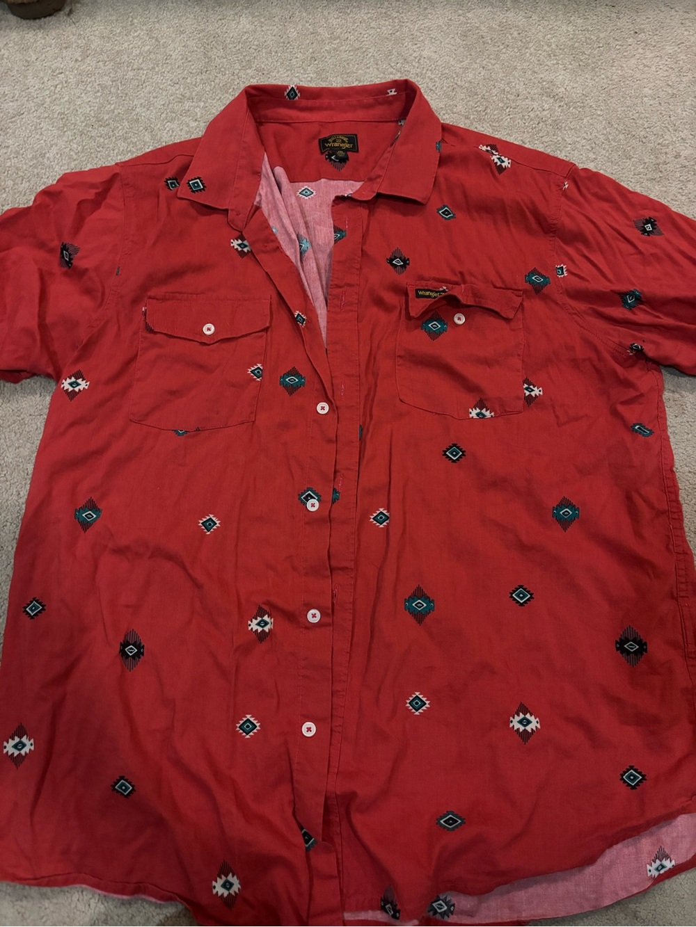 Wrangler x Billabong, Red Short-Sleeve Button-Down with Southwestern Motif